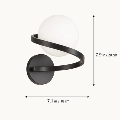 MAHGNTKCX Black Wall Sconce with Opal Glass Globe and Spiral Metal Frame, 7.1 in wide, 7.9 in high, sculptural design.