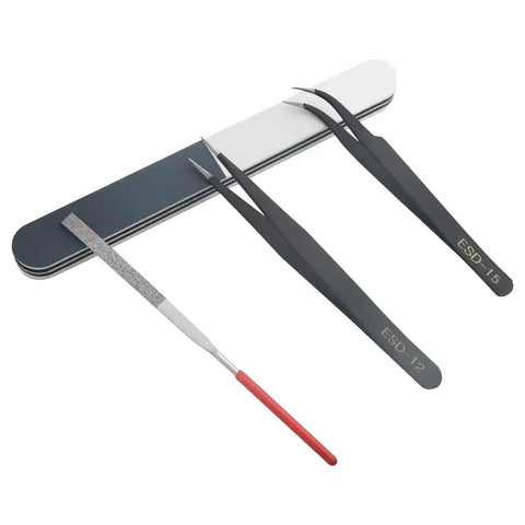 Pro Grade 8 Piece Model Tools Kit For Gundam And Car Models, showing tweezers, file, and sanding boards for assembly and repairs.