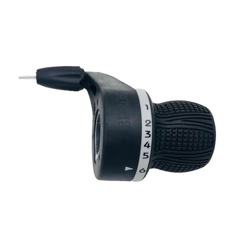 Side view of right six-position gear shifter from MTB Twist Shifter Set 3X6 Speed With Left Three Position And Right Six Position Gear Shifters And Cables Included For Your 22.2mm Bars Shimano 18S Compatible Black