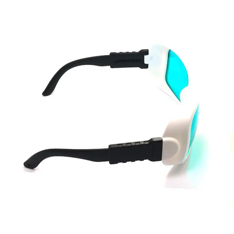 Top Tier Badass Laser Safety Glasses Featuring Heavy Duty OD4 Plus Filter And Crystal Clear Lenses Providing Superior Eye Protection For 635 Nm 650 Nm 694 Nm Red Lasers, side view with black arms.