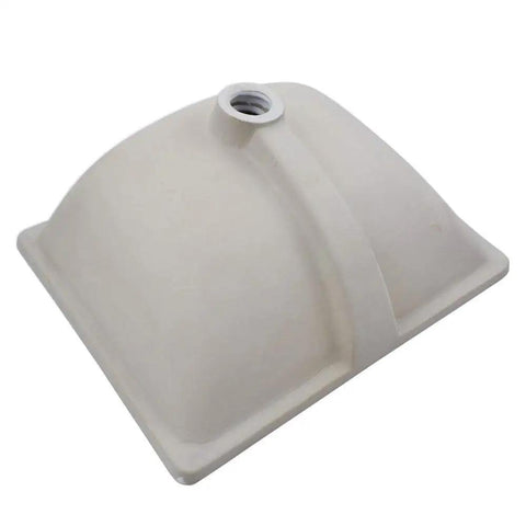 Underside view of Modern Rectangular Undermount Bathroom Sink 18.5 By 13.8 By 7.9 Inches White Ceramic Lavatory with Overflow