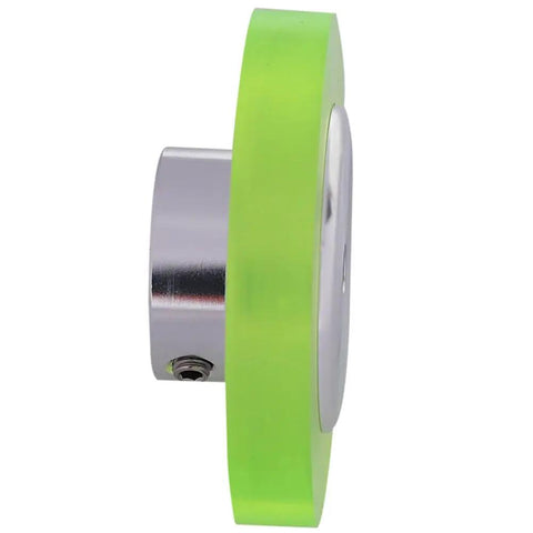 Side view of 200mm Aluminum Polyurethane Industrial Encoder Wheel With 20mm Aluminum Mounting Bracket, silver and green.