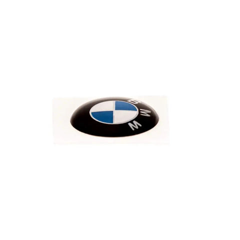 Key Fob Roundel Emblem For BMW 11mm Replacement Genuine OEM Part 66122155753 shown close-up, black and blue emblem with adhesive backing