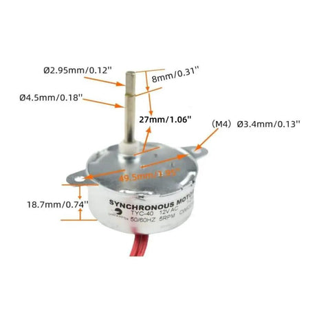 TYC-40 12V Synchronous Motor 5 RPM CW CCW with flat 35mm shaft showing detailed measurements and specifications