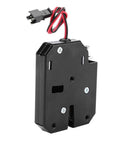Front view of 12V DC Electromagnetic Cabinet Lock with 150Kg force auto lock, black carbon steel material, wires visible