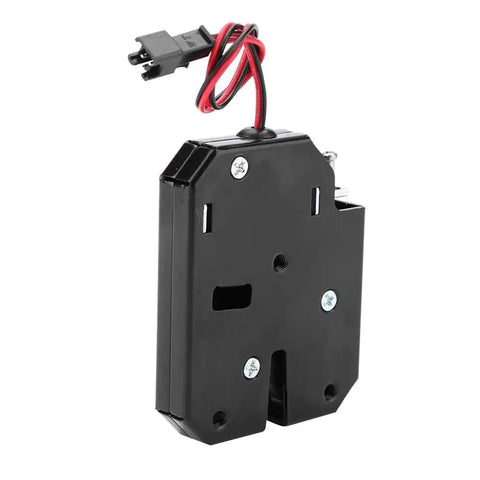 Front view of 12V DC Electromagnetic Cabinet Lock with 150Kg force auto lock, black carbon steel material, wires visible