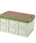 Heavy Duty Collapsible Storage Bins With Lid, Tough Camping Organizer Box For Car Trunk And Groceries, Converts To A Rock Solid Sitting Stool, 50 Liter Green Bin with wood top.