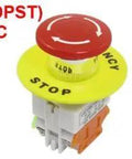 Two Pack 22mm Latching Emergency Stop Push Button Switch Red With 60mm Sign, 1NO 1NC DPST, 660V Rated, shown in various angles