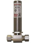 Mini Three Eighths Inch Compression Water Hammer Arrester for Home Plumbing, metal valve with label, AA Size for 3/8 in pipes.