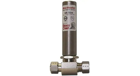 Mini Three Eighths Inch Compression Water Hammer Arrester for Home Plumbing, metal valve with label, AA Size for 3/8 in pipes.