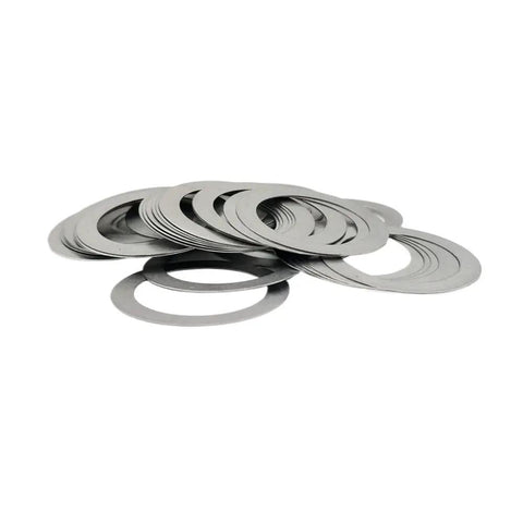 Ultra Thin Stainless Steel Shim Washers 0.2mm Thick 100 Pcs Flat Washer Set For Plumbing Fittings And DIY Repairs Pro Grade 4x7x0.2mm stainless washers stacked on white