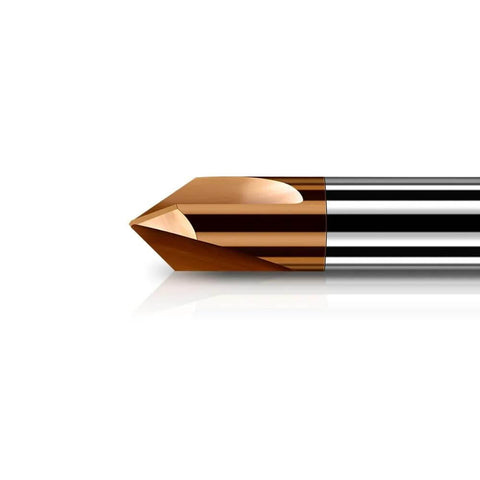 Carbide chamfer end mill with TiSiN coating and gold tip, 1/4 inch shank, close-up view