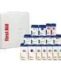 Front view: white plastic first aid cabinet labeled First Aid with 245-piece OSHA kit and blue/white medication boxes.
