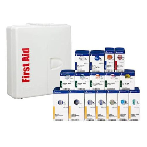 Front view: white plastic first aid cabinet labeled First Aid with 245-piece OSHA kit and blue/white medication boxes.