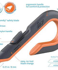 Side view of Slice 10400 box cutter with orange handle, gray body, 3-position slider and locking ceramic blade