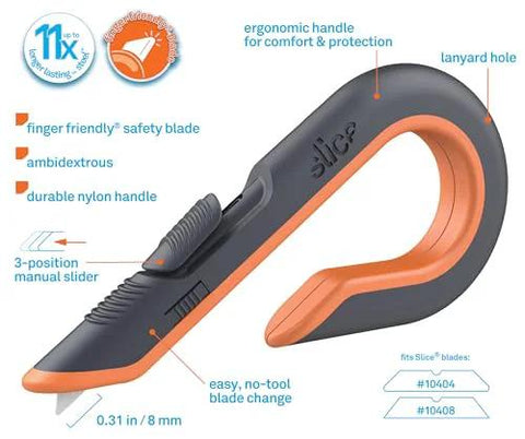 Side view of Slice 10400 box cutter with orange handle, gray body, 3-position slider and locking ceramic blade