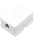 Top Shelf Surface Mount Single Port RJ11 Phone Jack With Four Screw Terminals, white ABS housing, ideal for landline and fax setup.