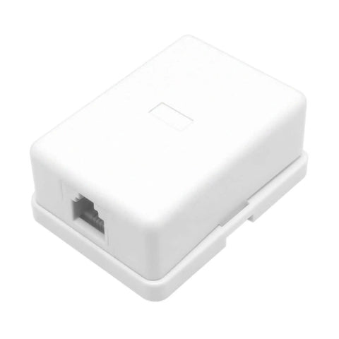 Top Shelf Surface Mount Single Port RJ11 Phone Jack With Four Screw Terminals, white ABS housing, ideal for landline and fax setup.