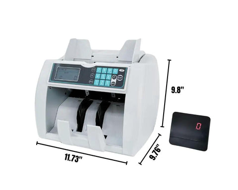 Money Counter Machine With UV MG IR Currency Detector, LCD Display, dimensions shown, for shops and offices, white.