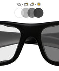 Top Tier Photochromic Safety Glasses With Transition Lenses Shifting Clear To Gray Shades Outdoors Built Different With Wrap Around Design Ansi Z87 Approved And OSHA Compliant For Tough Job Site Grind Impact Resistant close-up view with dark lenses