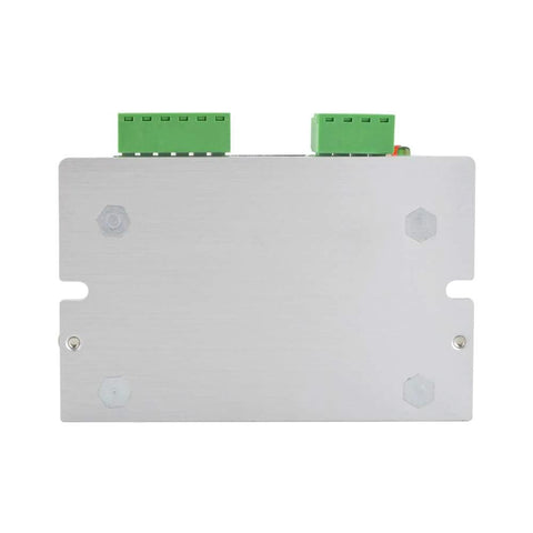 Front view of DM420Y digital stepper motor driver in aluminum housing with two green terminal blocks on top.