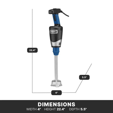 Pro Kitchen Workhorse Immersion Blender With Rock Solid Variable Speed And A Versatile 10 Inch Stainless Shaft, dimensions 22.4x4x5.5 inches.