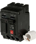 THQL2130GFT 30A Double-Pole GFCI Circuit Breaker Self-Test for 120/240 VAC, black with coil, front side view.
