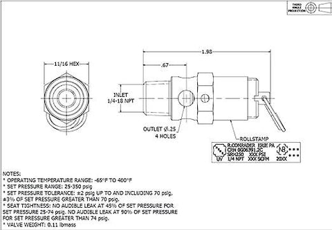 Replacement brass safety relief valve with 1/4 in NPT, USA-made, for Ingersoll Rand 31385693, 200 PSI