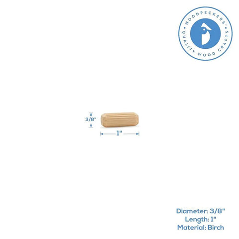 Rock Solid Top Shelf Wooden Dowel Pins One Inch By Three Eighth Inch Pack Of Five Hundred Fluted Joints showing a fluted birch dowel, 1 inch long and 3/8 inch diameter.