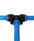 Badass 60 Foot PU Air Hose Line Kit With Push To Connect Fittings Dope Flexibility For Garage Shops And Tight Spaces Killer For Air Tools Pneumatic Nail Guns Real Deal Toughness In Cool Blue Color Gets The Grind Done, blue hose tee fitting close-up