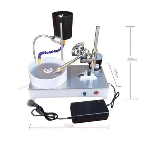 6 Inch Bench Grinder Polishing Machine Gemstone Lathe U Shaped Guard DC Motor 2800 Rpm 120 W on a workbench with a polished disc.