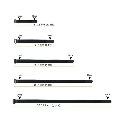 Various sizes of reusable cable straps pack with buckles 32 pcs in 5 sizes from 8 inch to 36 inch adjustable hook and loop cinch straps.