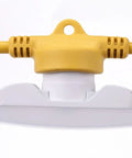 Close-up of connector on Heavy Duty 100 Foot LED Construction String Lights, 90W Industrial Grade, white and yellow components.