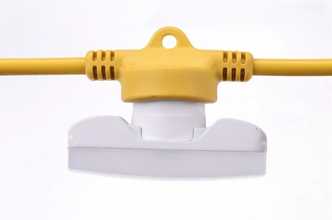 Close-up of connector on Heavy Duty 100 Foot LED Construction String Lights, 90W Industrial Grade, white and yellow components.