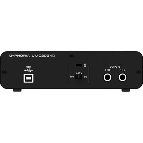 Rear view of USB Audio Interface 2x2 24 Bit 192 kHz With Midas Preamps showing USB port and outputs