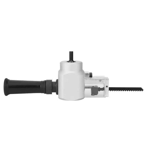 Side view of Dual Head Sheet Metal Cutter Nibbler Drill Attachment Kit with wrench, portable electric drill shears for cutting metal sheets.