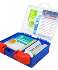 Blue Be Smart Get Prepared 110-piece first aid kit, case with red latches; shows gauze, bandages, and first aid guide.