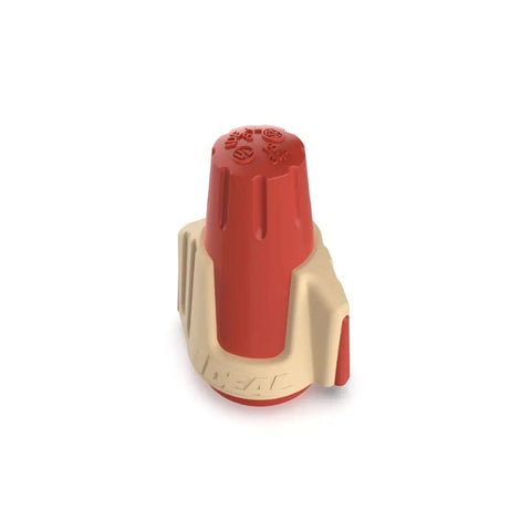 Close-up of red and beige Twister Pro Wire Connector with SureGrip overmold, part of Jar Of 500 Smooth Twist On Nuts For 22 To 8 AWG.