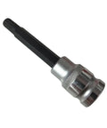 Heavy Duty 100mm Cylinder Head Bolt Socket Designed For Toyota Recessed Engines Featuring A Twelve Point Deep Well And One Half Inch Drive. Black and silver, showcasing deep well design.