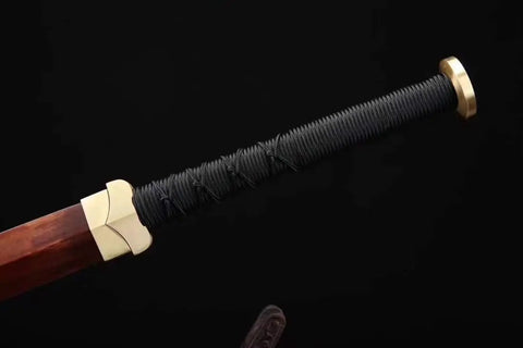 Handle of Fully Handmade Damascus Steel Folding Blade Sword With Rosewood Scabbard And Brass Fittings Heat Tempered Full Tang