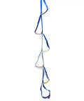 Four Step Nylon Aider Ladder With Tubular Webbing for tree work, rock climbing, blue ladder with four steps hanging vertically.