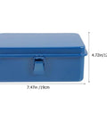 Two Pack Metal Tool Box Storage Case Organizer With Secure Latch Portable Lockable Toolbox Set front view, blue, with dimensions.