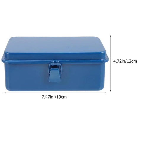 Two Pack Metal Tool Box Storage Case Organizer With Secure Latch Portable Lockable Toolbox Set front view, blue, with dimensions.