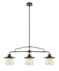 Three Light Pendant In Oil Rubbed Bronze With Clear Glass Shades, Classic Vintage Industrial Vibe For Any Ceiling, Adjustable Three Rod Suspension, Bulbs Not Included