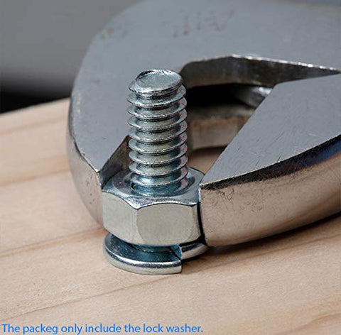 Close-up of a 3/8-inch stainless lock washer under a bolt being tightened by locking pliers.