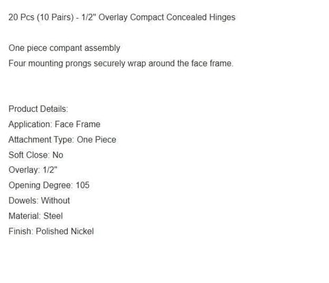 Text overview of Replacement Kit Of Twenty Pcs Ten Pairs Half Inch Overlay Face Frame Concealed Cabinet Door Hinges OEM Grade For Modern Soft Close Compatibility