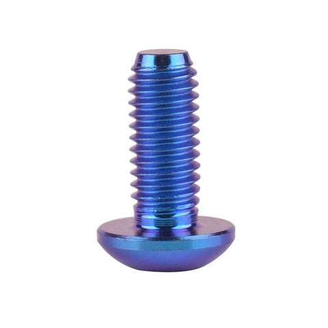 Close-up of a Titanium M5 x 12mm Button Head Hex Bolt for Bike Water Bottle Cage, Grade 5 Titanium Alloy, Blue Finish.
