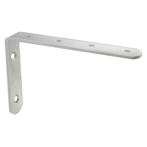 Heavy Duty L Shaped Corner Brackets With Included Fasteners For Floating Wall Shelving Storage Set Of Two Stainless Steel Support Angles, side view.