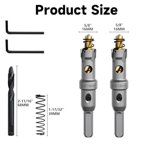 Heavy Duty Tungsten Carbide Tipped Hole Saw Set Five Eighths Inch Two Pack METOTY Brand With Nitrided Step Drill and L Flange