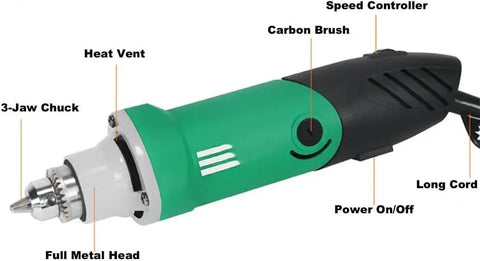 Reliable Workhorse Electric Die Grinder With 480W Motor And Six Step Variable Speed Dial detailed view of key features.